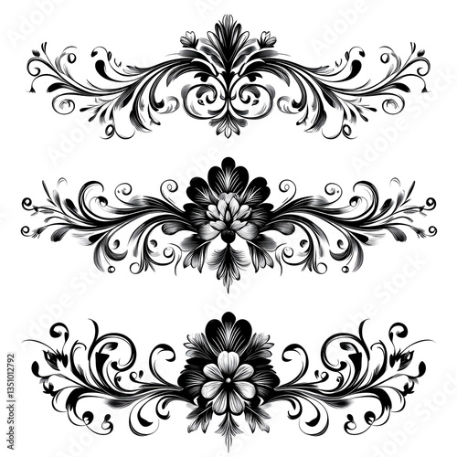 Elegant Silver Floral Ornaments Black Background Design Elements, isolated on transparent background