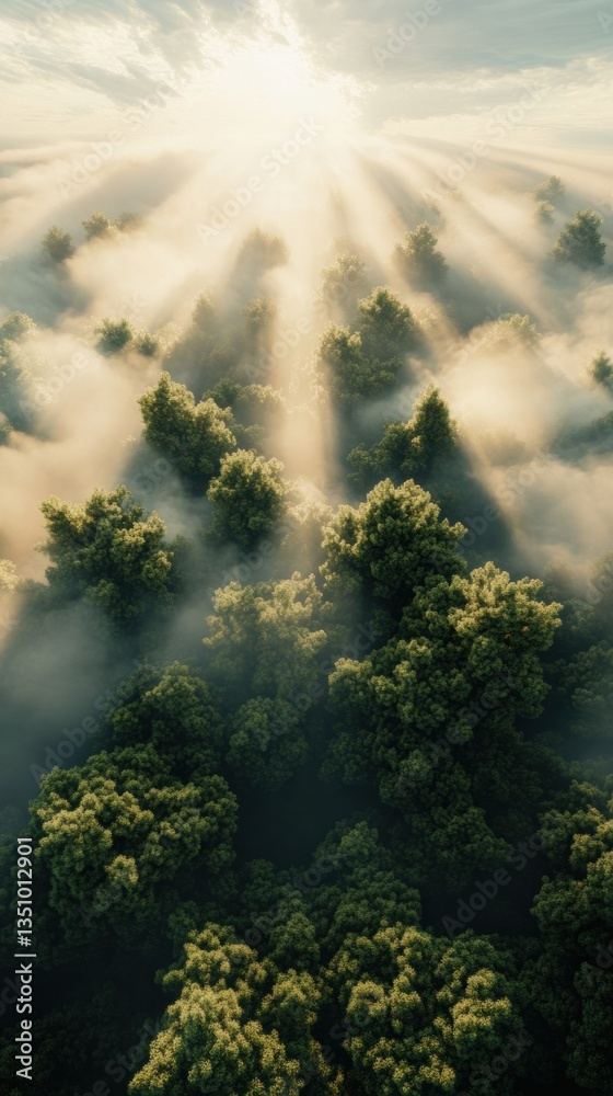 Obraz premium Ethereal Green Tech Ecosystem Radiant Sunlight Piercing Misty Forest Canopy - Sustainable Innovation Visualization for Climate-Conscious Branding