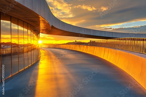 A long, elegant bridge with sweeping curves and a vibrant sunset casting golden light over its structure.