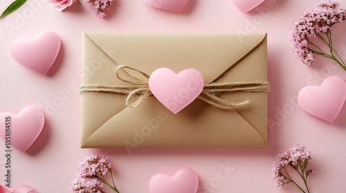 Pink hearts with love letter, and flowers.
