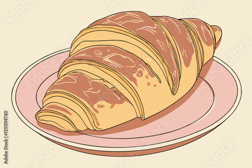 75 Golden buttery croissant, flaky pastry, crisp layers, warm tones, pink plate, circular composition, soft lighting, minimalist presentation, high-resolution detail, food photography, appetizing, bak