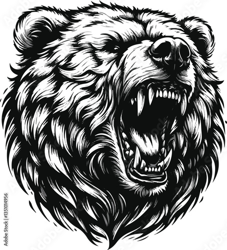 Roaring growling grizzly bear head, tattoo. Powerful white background