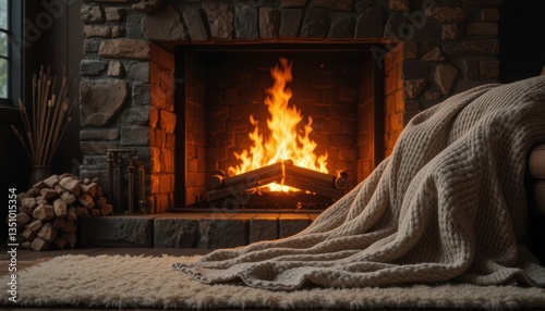 Cozy Warm Knitted Throw Blanket Near a Burning Fireplace in a Rustic Stone Home Interior