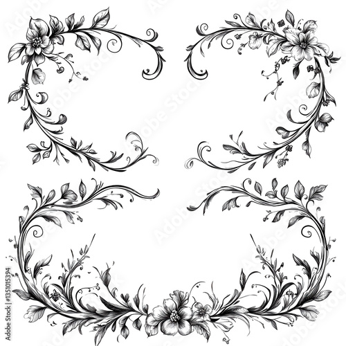 Elegant Black and White Floral Frame Design Botanical Art isolated on transparent background