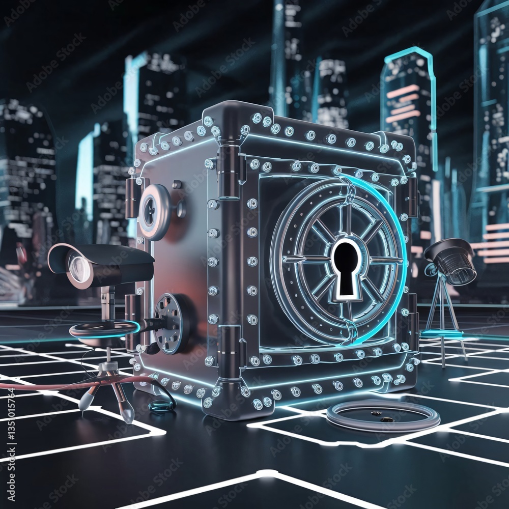Fototapeta premium digital vault securing user accounts in a neon-lit city, 3d render, cartoon, cyber security concept