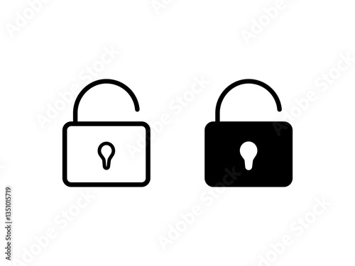 Unlock or open lock design in filled, outline. Black and white simple open locks.