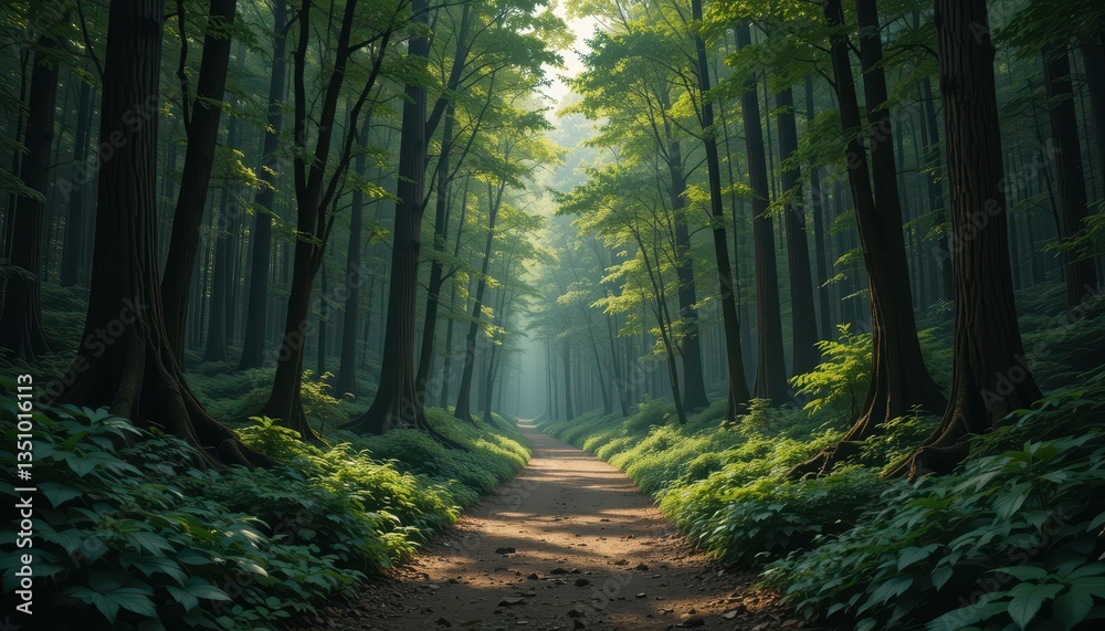 Obraz premium Serene Forest Path Sunlight Through Lush Green Trees