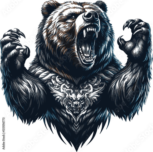 Roaring growling grizzly bear head, tattoo. Powerful white background