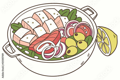 77 Vibrant bowl of Mediterranean cuisine, top-down view, colorful ingredients, feta cheese cubes, sliced grilled chicken, pink pickled onions, green olives, lemon slice, white ceramic dish, balanced c