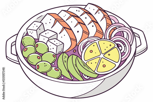 77 Vibrant bowl of Mediterranean cuisine, top-down view, colorful ingredients, feta cheese cubes, sliced grilled chicken, pink pickled onions, green olives, lemon slice, white ceramic dish, balanced c