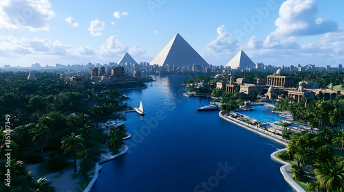 Ancient Egyptian City at Its Peak—Sphinx, Pyramids, and Bustling Marketplaces