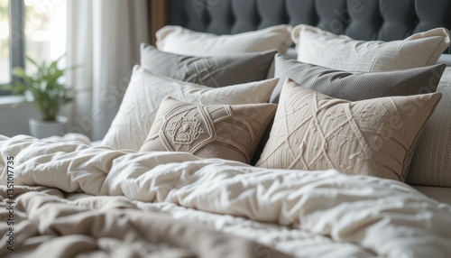 Soft Beige and Cream Textured Pillows on a Luxurious Bed Cozy Bedroom Decor