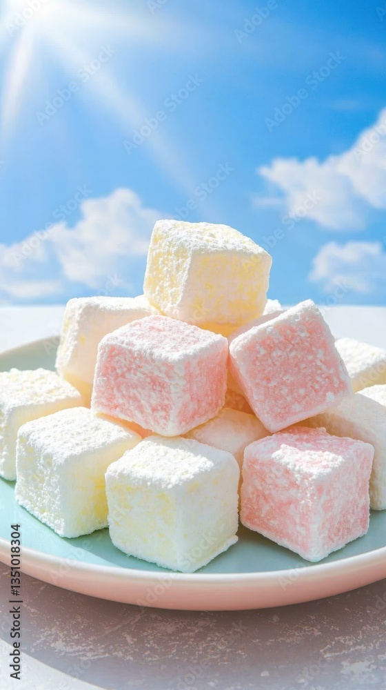 Delicious flavored marshmallow bites on a pastel plate in bright light food photography bright environment Delicious flavored marshmallow bites on a pastel plate in bright light food photography bright environment