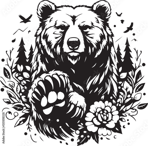 Roaring growling grizzly bear head, tattoo. Powerful white background