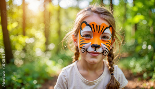 Happy child with tiger face paint in forest, celebrating creativity