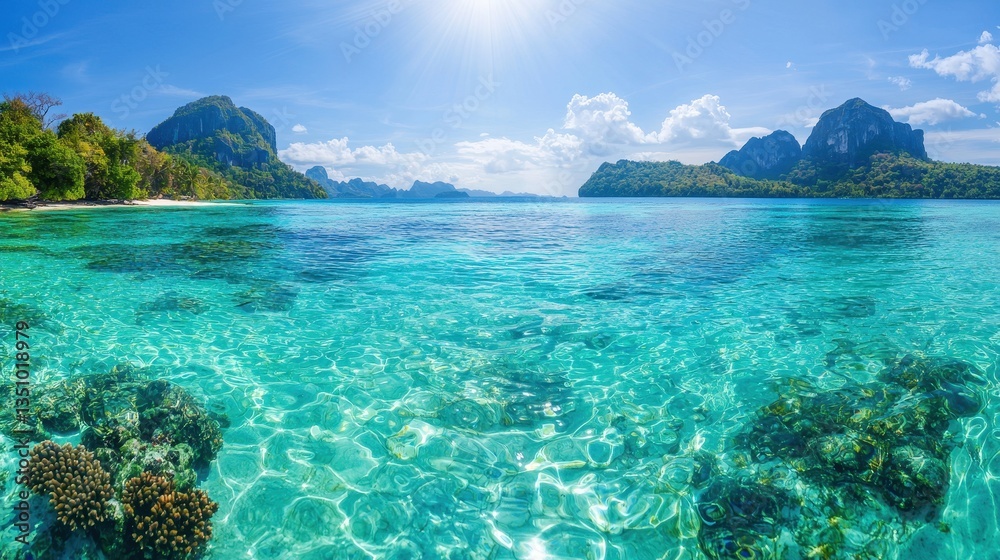 Fototapeta premium A vibrant seascape featuring clear turquoise waters, coral reefs, and dramatic mountains under a bright blue sky.