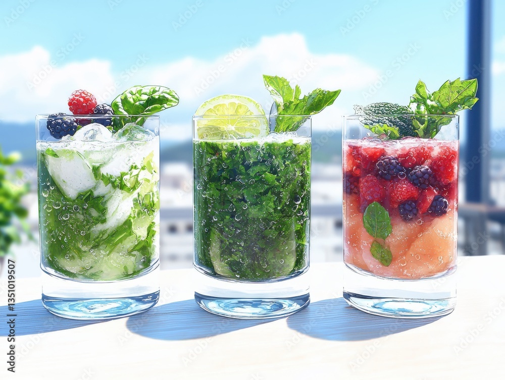 Refreshing superfood smoothie combinations with kale and berries outdoor setting beverage photography natural light Refreshing superfood smoothie combinations with kale and berries outdoor setting beverage photography natural light