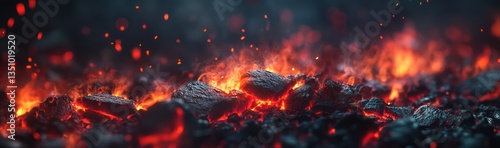 Embers glowing, fire burning, dark background, heat, energy