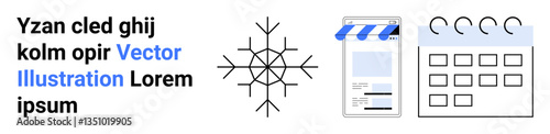 Snowflake graphic, storefront paperwork with awning, simple text box, calendar grid Ideal for business, advertising, branding, organization, winter themes, marketing storefront designs simple