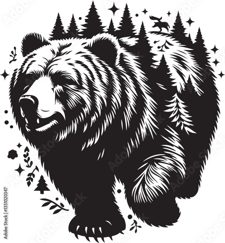 Roaring growling grizzly bear head, tattoo. Powerful white background