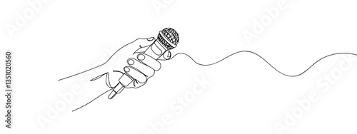 Single line, continuous, hand holding the microphone line art vector business illustration with transparent background editable stroke.