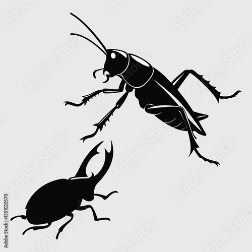 A grasshopper leaping to attack a beetle image silhouette design vector art and illustration