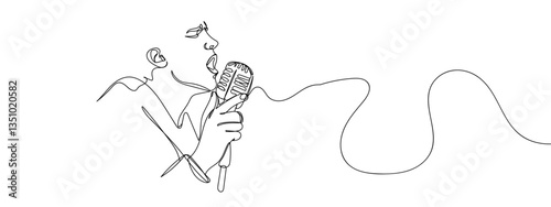 Single line, continuous, person holding a microphone and singing line art vector business illustration with transparent background editable stroke.