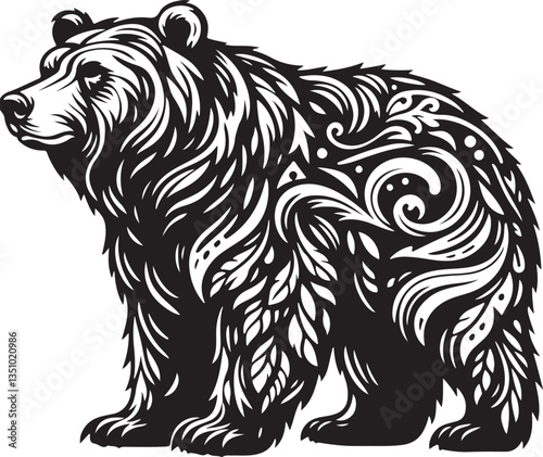 Roaring growling grizzly bear head, tattoo. Powerful white background