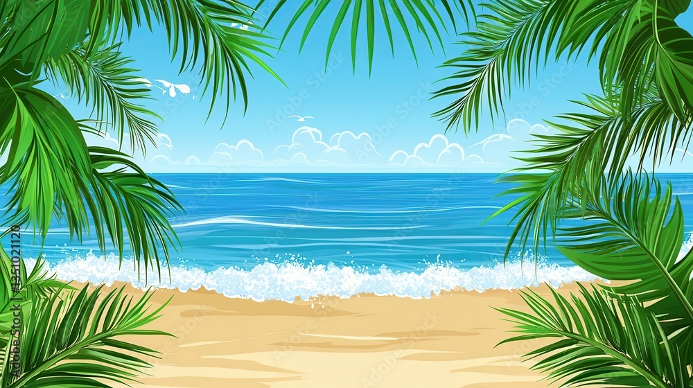 Fototapeta premium Tranquil Beach Scene Viewed Through Lush Palm Fronds