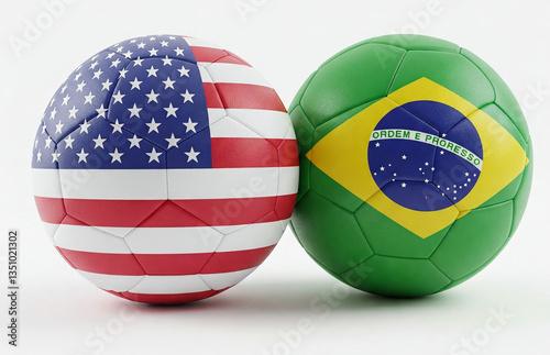 Soccer balls in United States and Brazil flags. Football world cup or other tournament match icon. Electronic and print media news headline, advertising agencies and social media post.