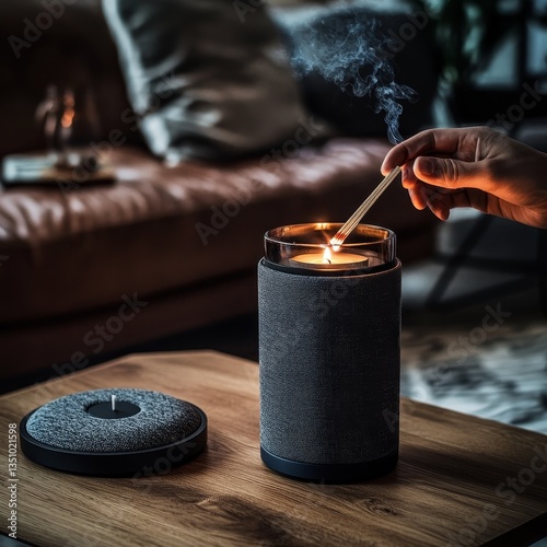 Hand Lighting Candle with Emery Board (Brown Wooden Table, Gray Speaker, Leather Sofas)