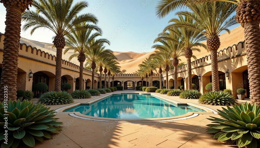 Fototapeta premium Elegant resort courtyard with palm trees and sparkling pool in desert setting