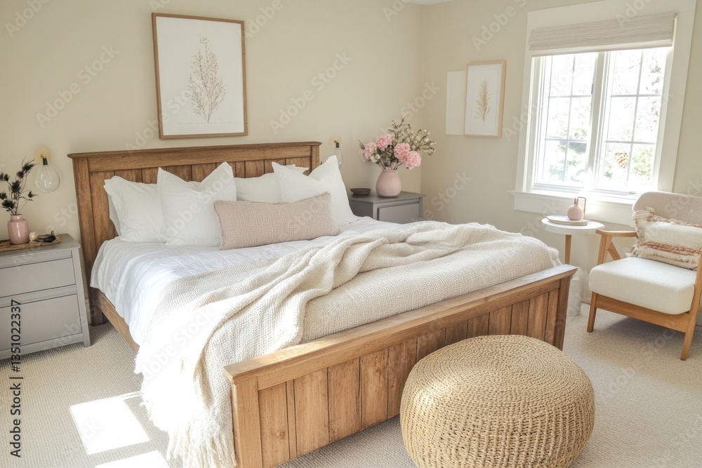 Fototapeta premium Bright bedroom with wooden bed, cozy blanket, and natural decor.