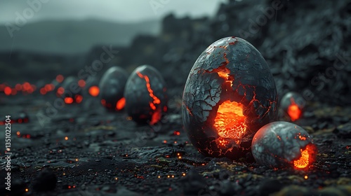 Wallpaper Mural Cracked volcanic eggs glowing with lava on a rocky landscape under a moody sky, evoking mystery Torontodigital.ca