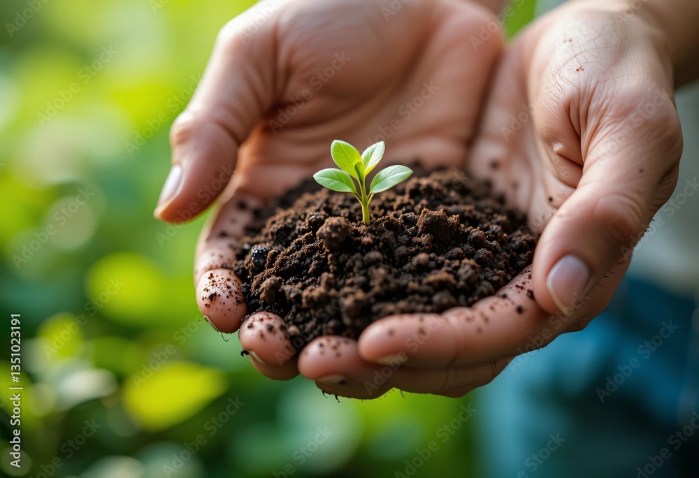 Embodying growth and care, two hands gently cradle a vibrant green sprout rooted in nutrient-rich soil, set against blurred greenery, reflecting sustainability, ecology, and the natural cycle of life. Embodying growth and care, two hands gently cradle a vibrant green sprout rooted in nutrient-rich soil, set against blurred greenery, reflecting sustainability, ecology, and the natural cycle of life.