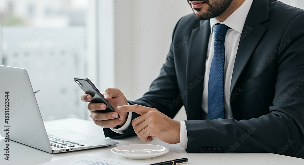 A businessman checking his emails on a smartphone while drinking coffee. A businessman checking his emails on a smartphone while drinking coffee.