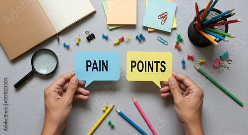 Hands holding 'PAIN' and 'POINTS,Business pain point and marketing concepts.