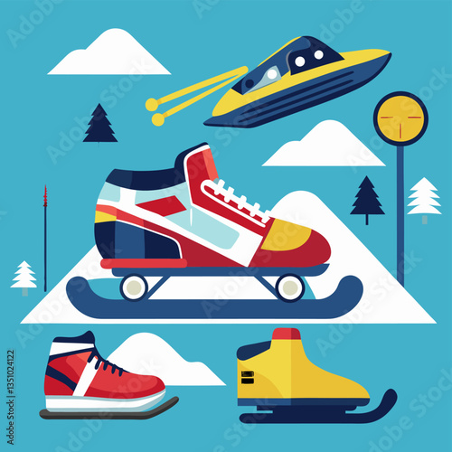 Vector Illustration of Winter Adventures with Skates, Tree, Mountains, and Snowmobile