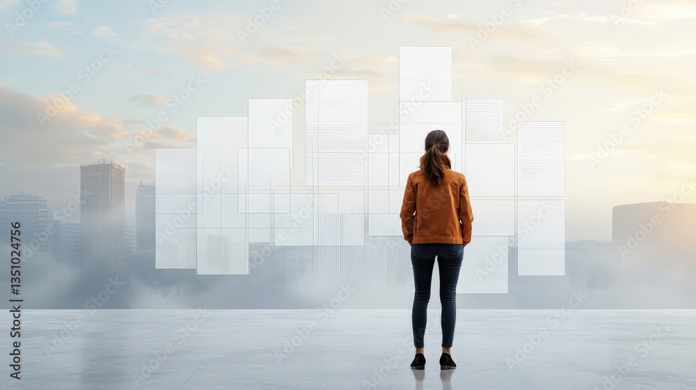 Woman in Jacket Overlooking City with Digital Displays at Sunset Woman in Jacket Overlooking City with Digital Displays at Sunset