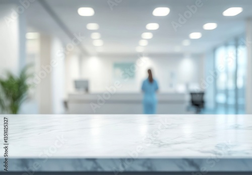 Marble Countertop in Modern Hospital Lobby with Nurse Background