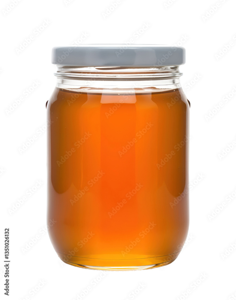Glass Jar of Honey with Golden Liquid and Embossed Logo on a Clean Background Glass Jar of Honey with Golden Liquid and Embossed Logo on a Clean Background