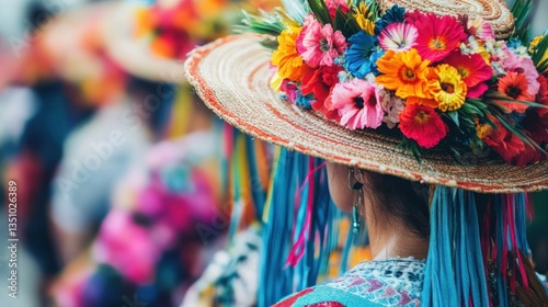 Vibrant Flower Crown Hat at a Colorful Parade