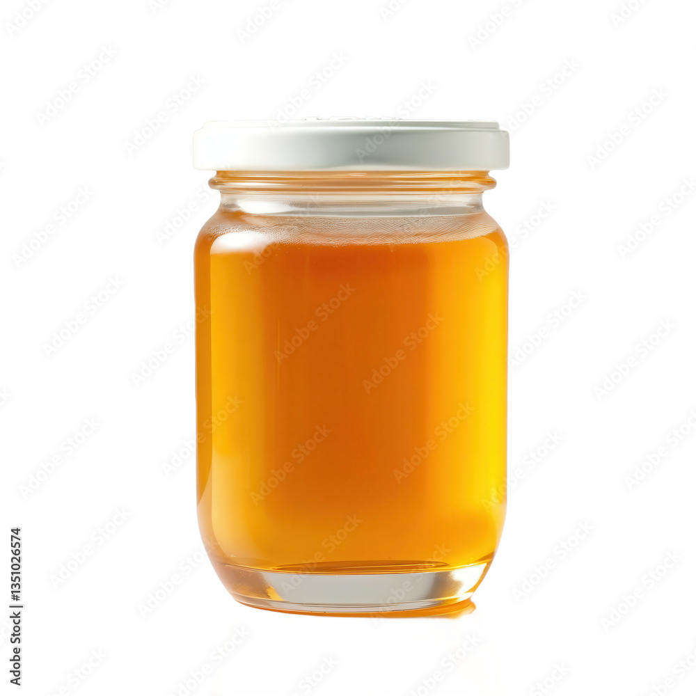 Glass Jar of Honey with Golden Liquid and Embossed Logo on a Clean Background