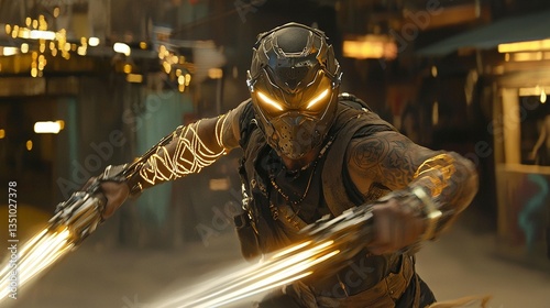 Futuristic warrior in action, wielding glowing weapons in a cyberpunk city.