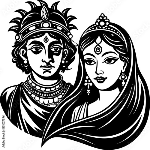 Radha and Krishna portrait illustration for dol jatra black and white silhouette