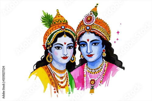 Watercolor illustration of Radha and Krishna's portrait for dol jatra beground