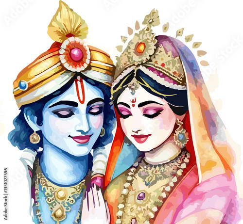 Watercolor illustration of Radha and Krishna's portrait for dol jatra beground