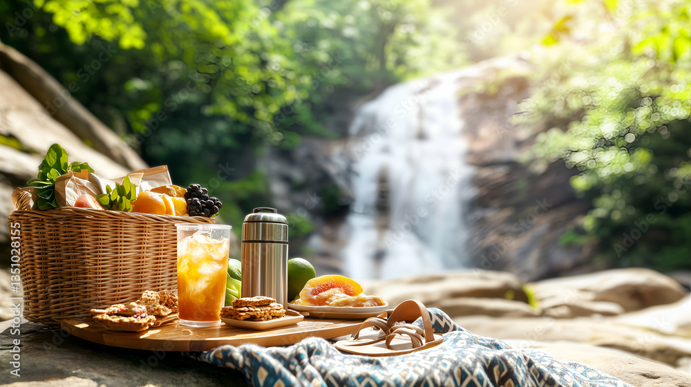 Summer picnic by a waterfall with food basket, fruits, drinks, and relaxing nature atmosphere
