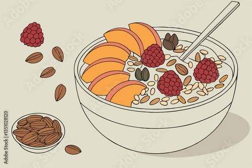 81 Creamy yogurt bowl, granola clusters, vibrant fresh berries, sliced apricots, whole hazelnuts, pecans, white ceramic bowl, rustic breakfast, healthy eating, colorful fruit medley, crunchy texture, 