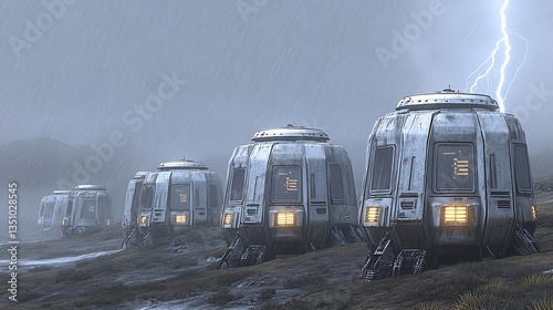 Futuristic pod houses standing under a stormy and rainy sky